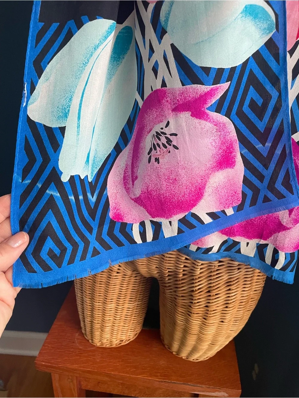 Vintage Oscar de la Renta Silk Scarf Tulip Floral Pink Blue Black Oblong